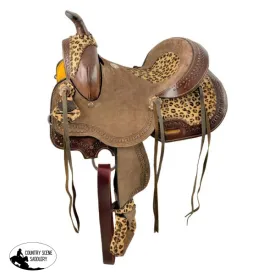 10 inch Double T  Hard Seat Barrel style saddle with Cheetah Seat and leather tassels.