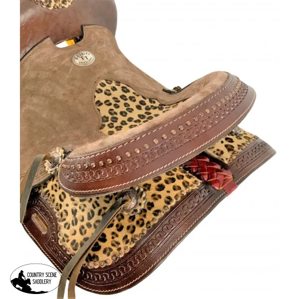 10 inch Double T  Hard Seat Barrel style saddle with Cheetah Seat and leather tassels.