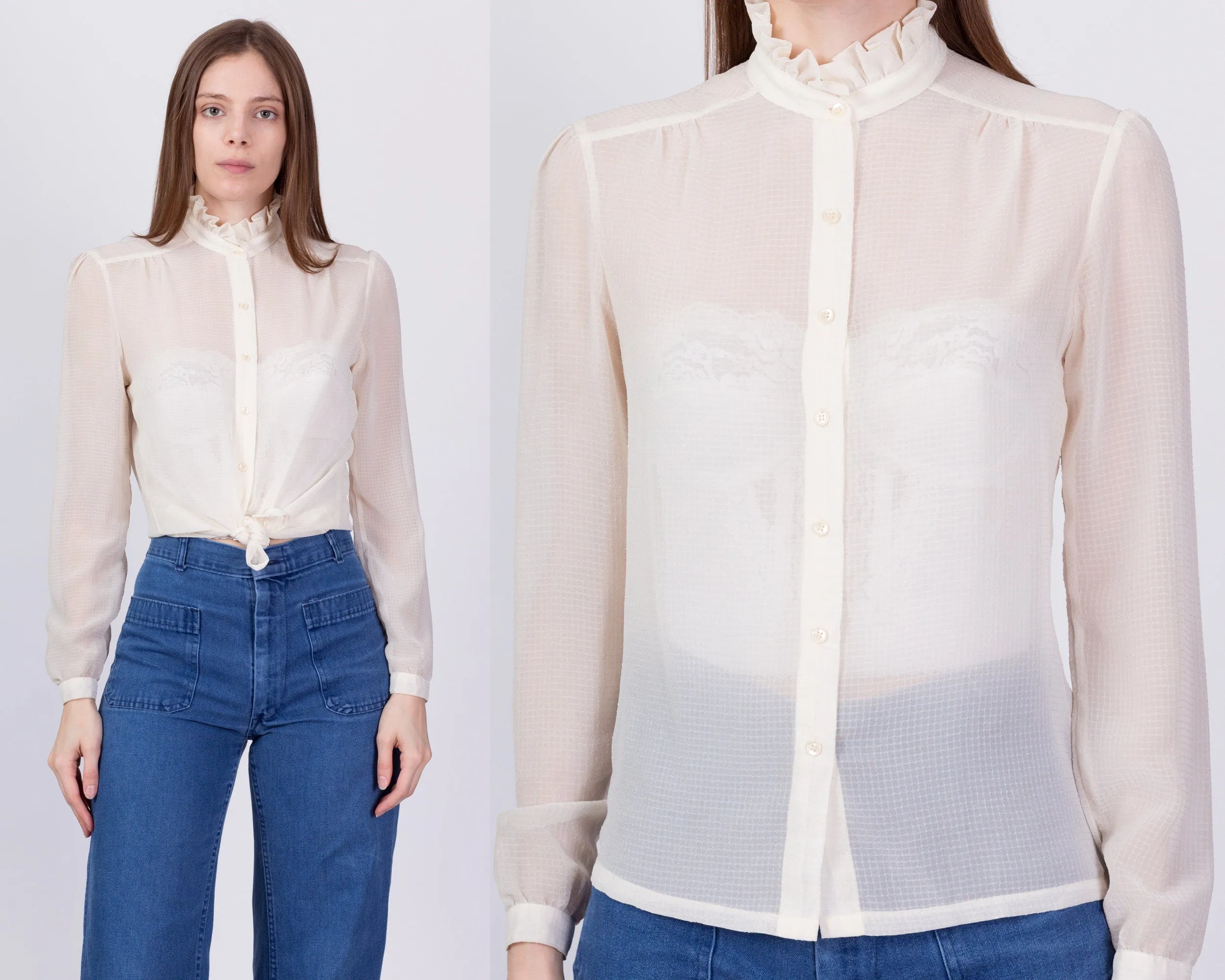 80s Sheer Ivory Ruffle Collar Blouse - Extra Small