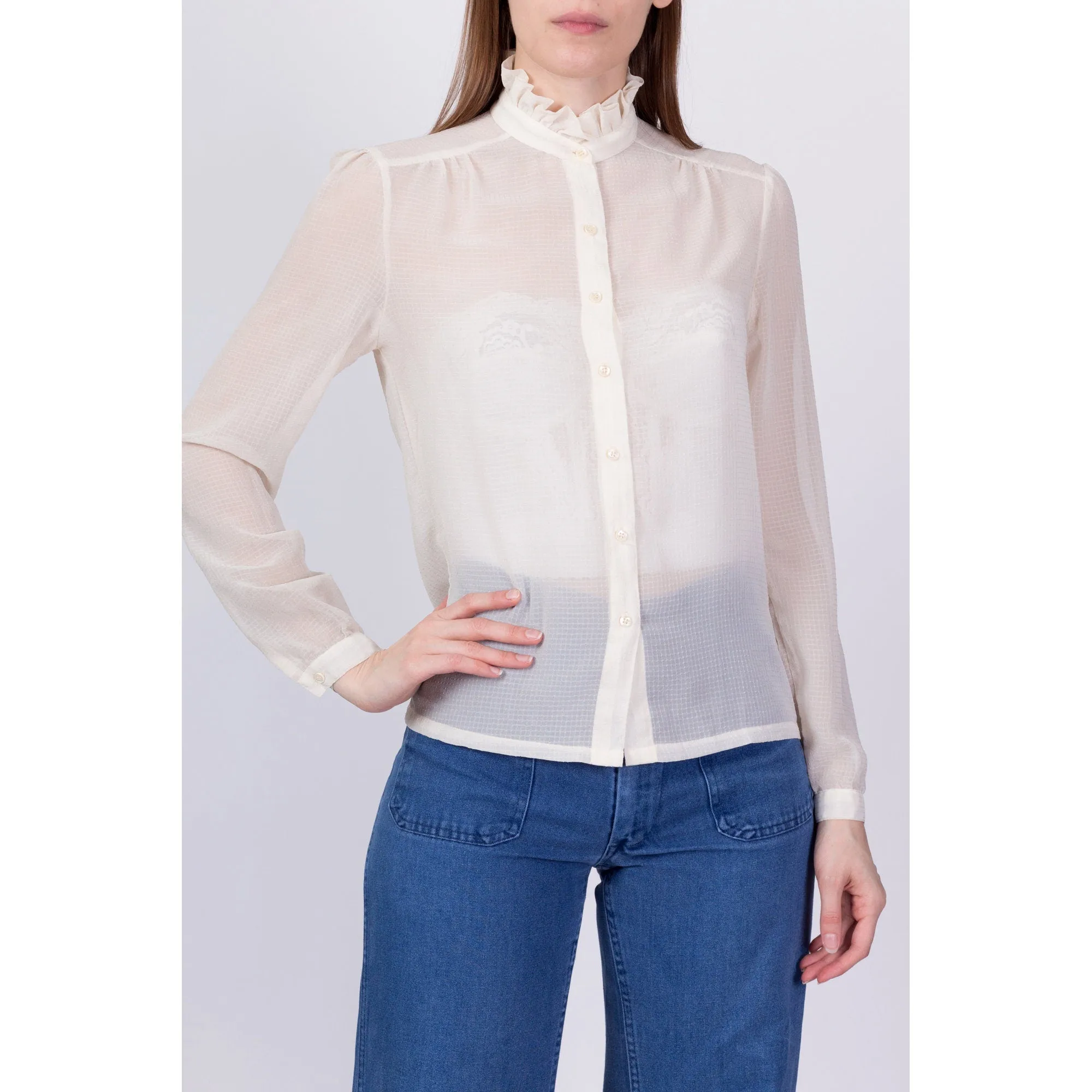 80s Sheer Ivory Ruffle Collar Blouse - Extra Small