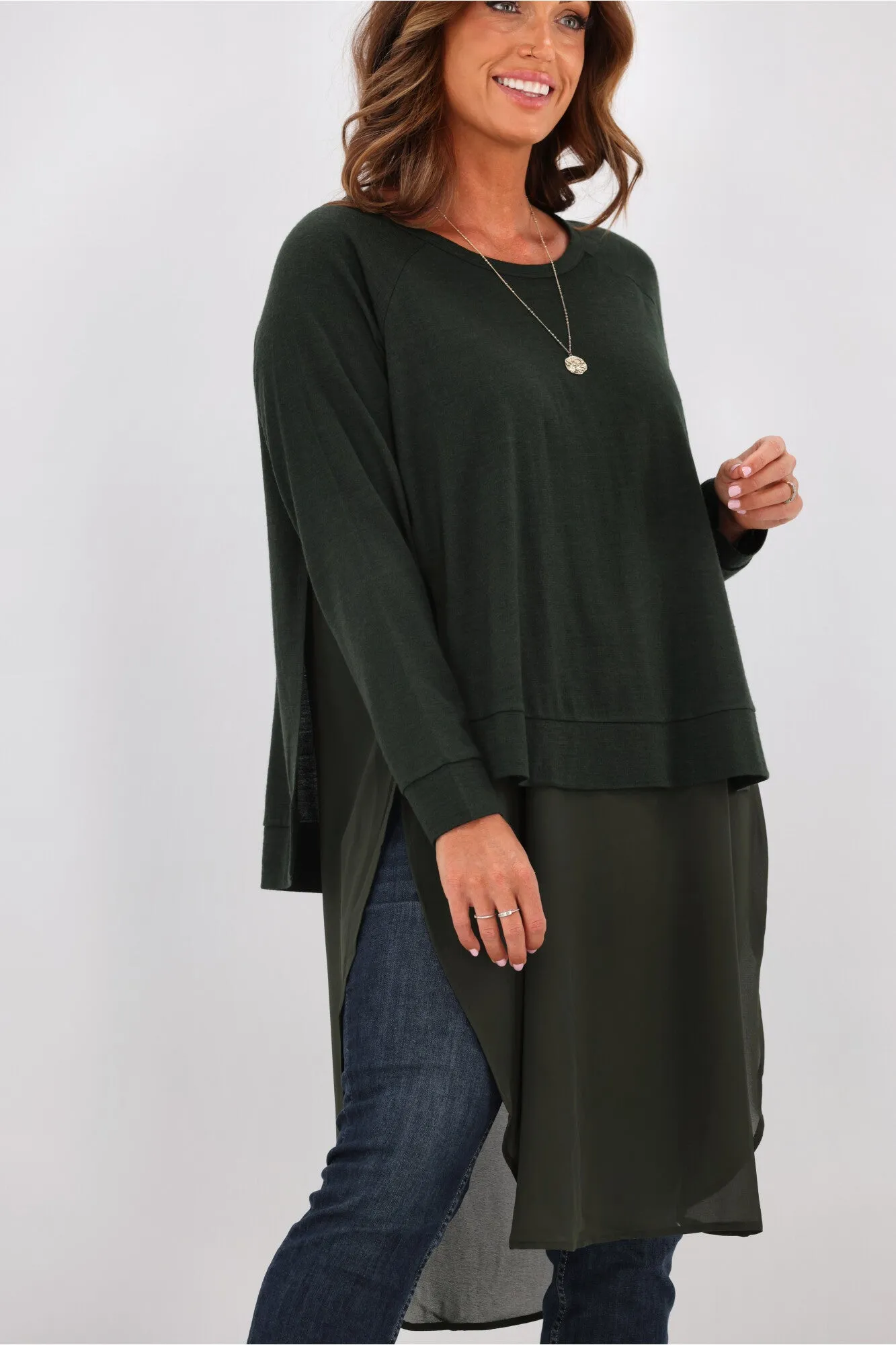 Alpine by Shine On Phoebe Merino & Chiffon Tunic Olive