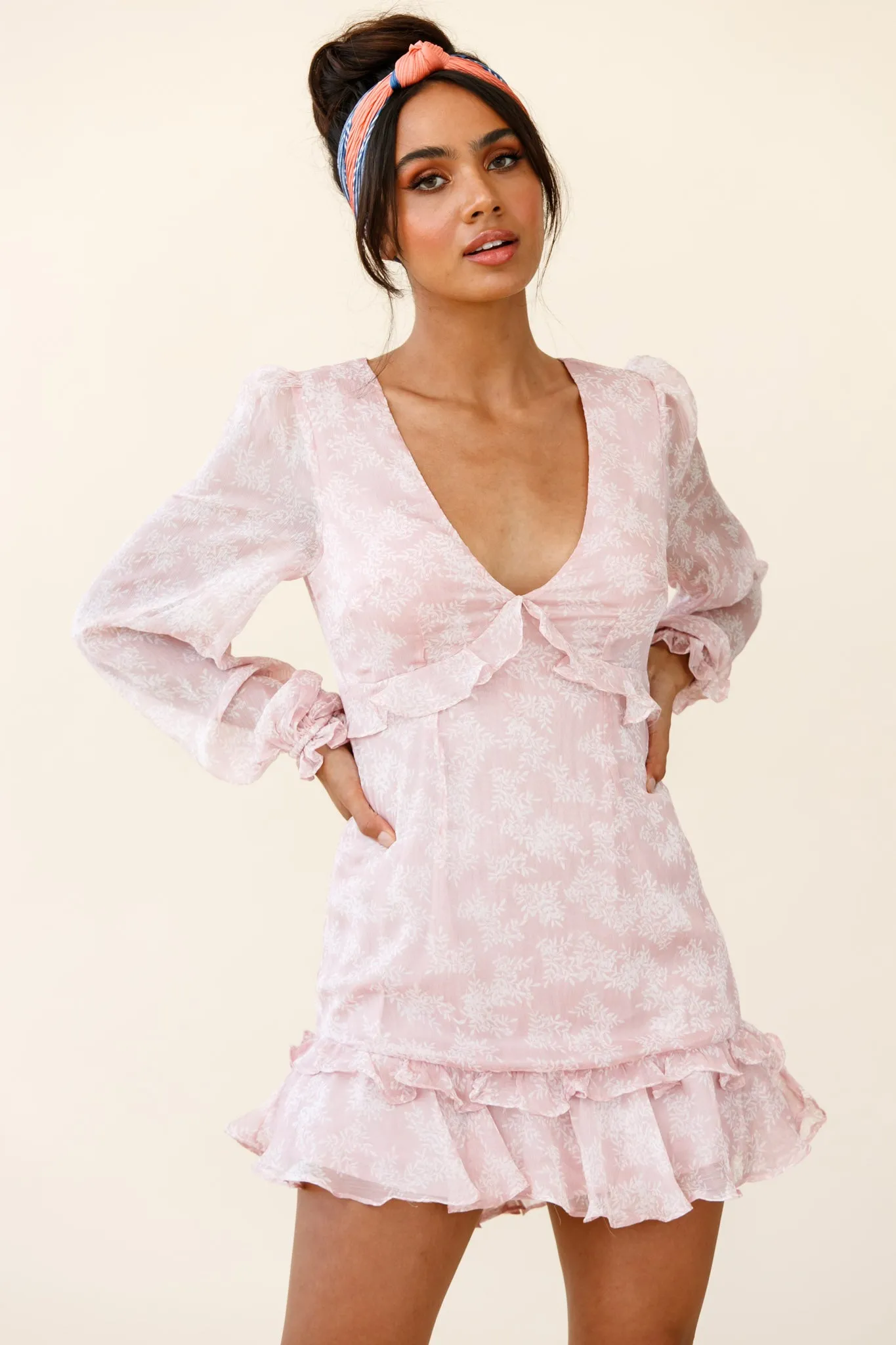 Amarantha Sheer Balloon Sleeve Frill Trim Dress Floral Print Pink