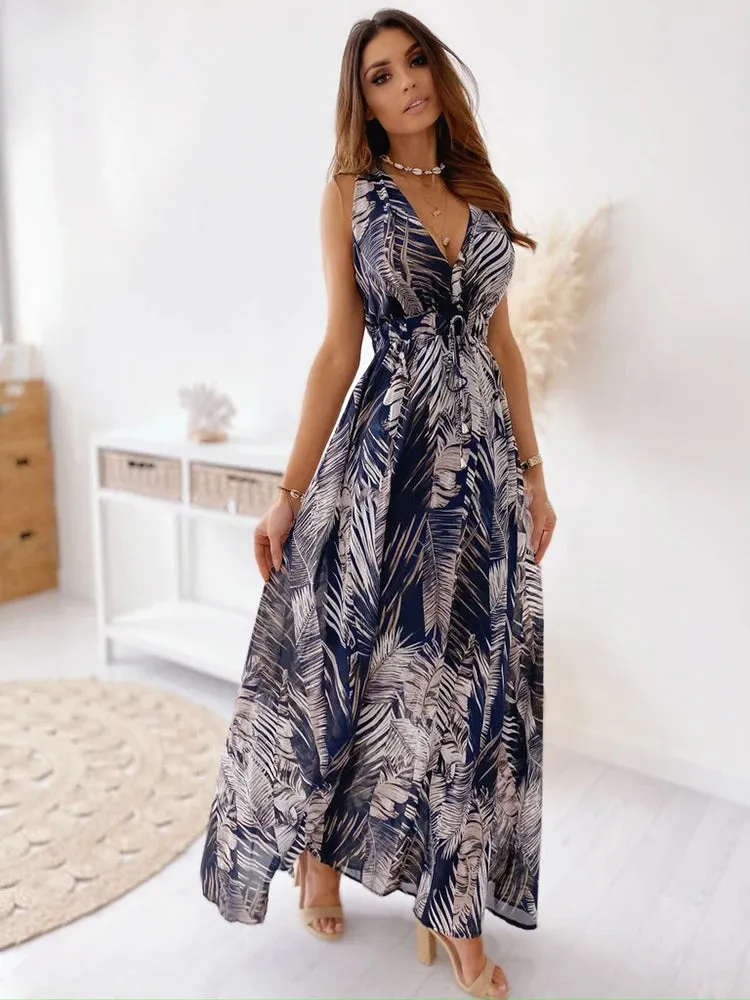 Amy Fashion - Deep V Neck Print Sleeveless Boho Dress