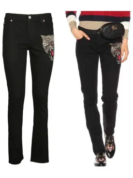 Angry cat embroidery patch black jeans 470225