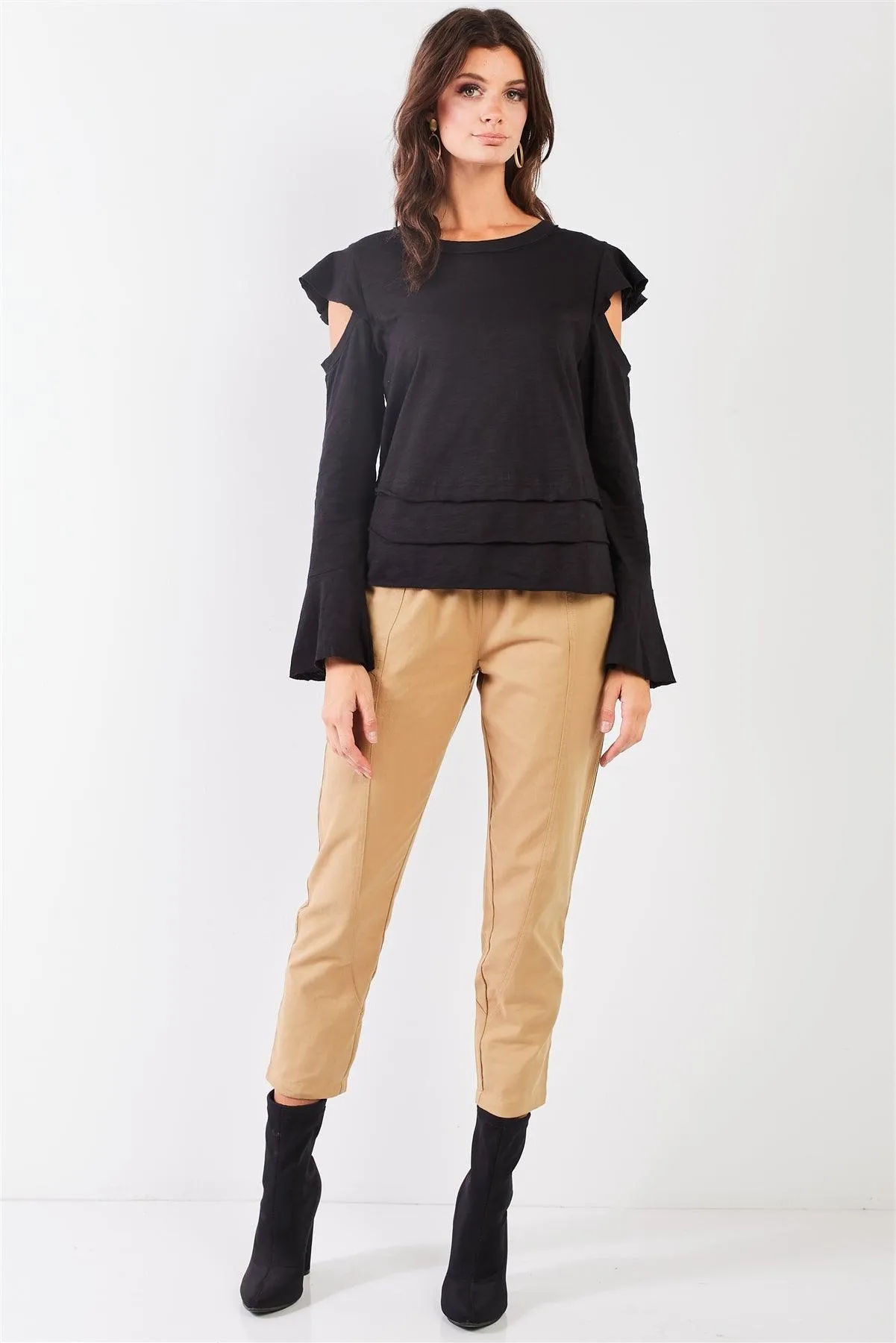 Black Cut-Out Shoulder Bell Sleeve Raw Edge Top /1-1-2