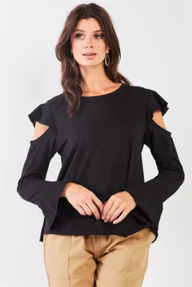 Black Cut-Out Shoulder Bell Sleeve Raw Edge Top /1-1-2