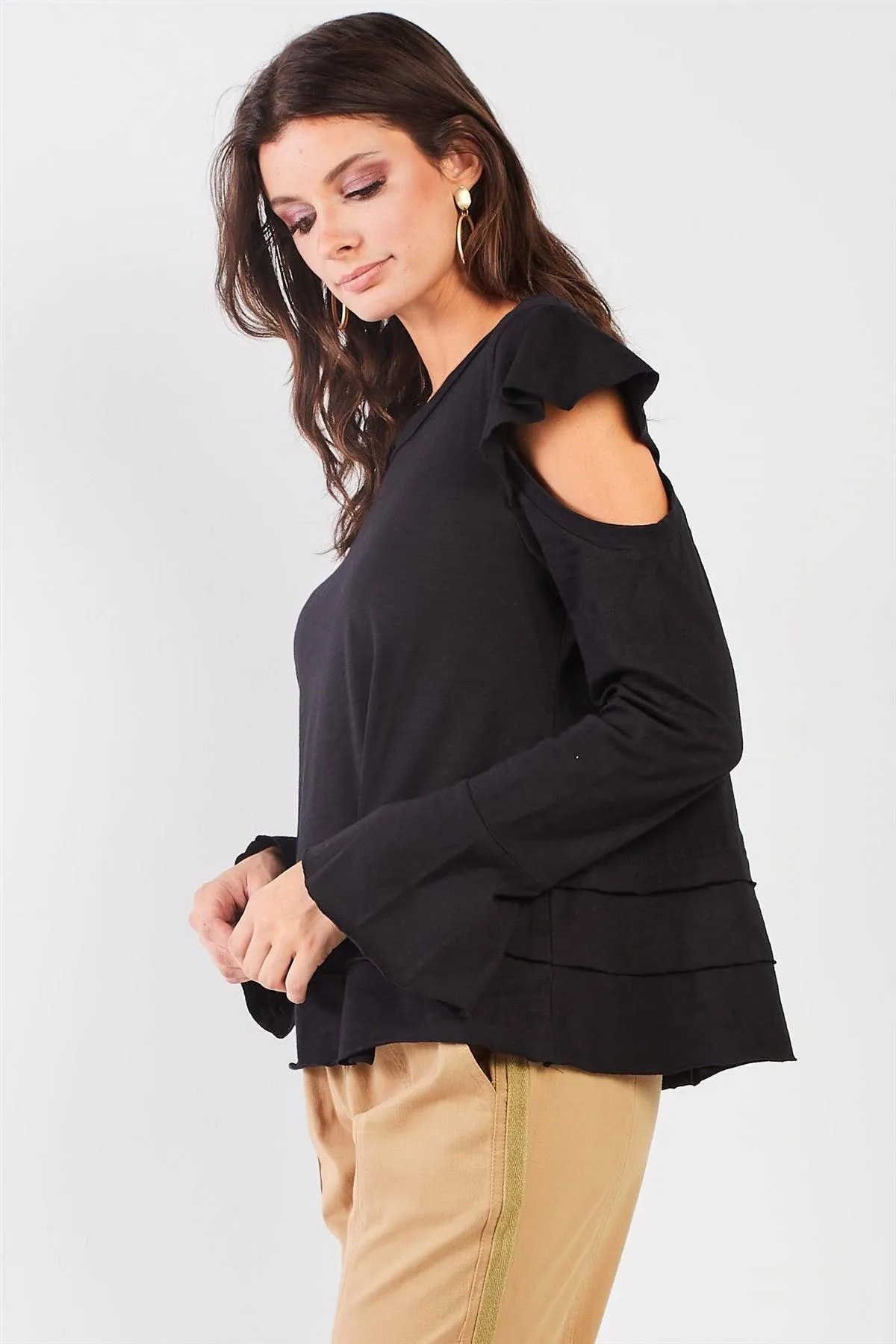 Black Cut-Out Shoulder Bell Sleeve Raw Edge Top /1-1-2