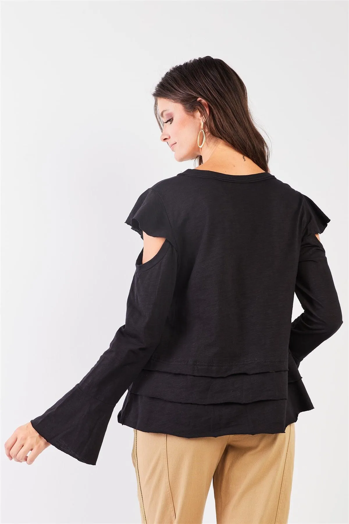 Black Cut-Out Shoulder Bell Sleeve Raw Edge Top /1-1-2