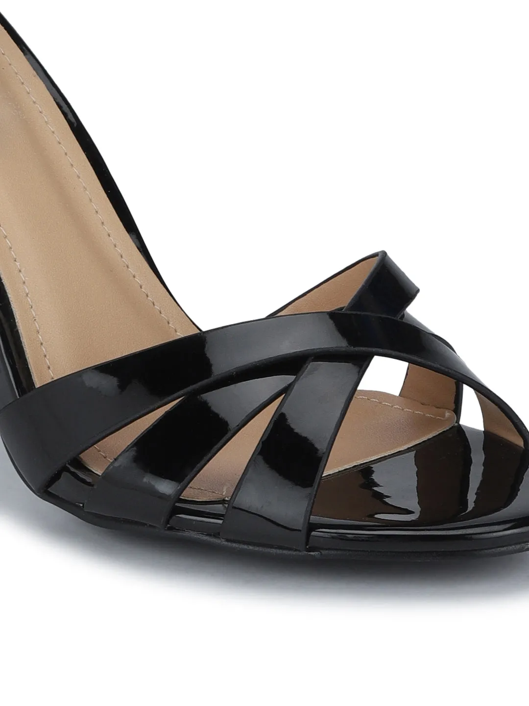 Black Patent Crossover Ankle Strap Block Heels