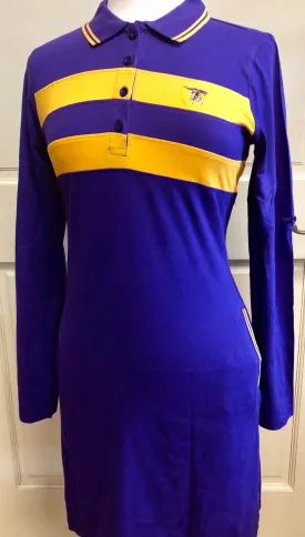 Fanwear: Ladies Purple and Gold Chest Stripe Long Sleeve Polo Dress