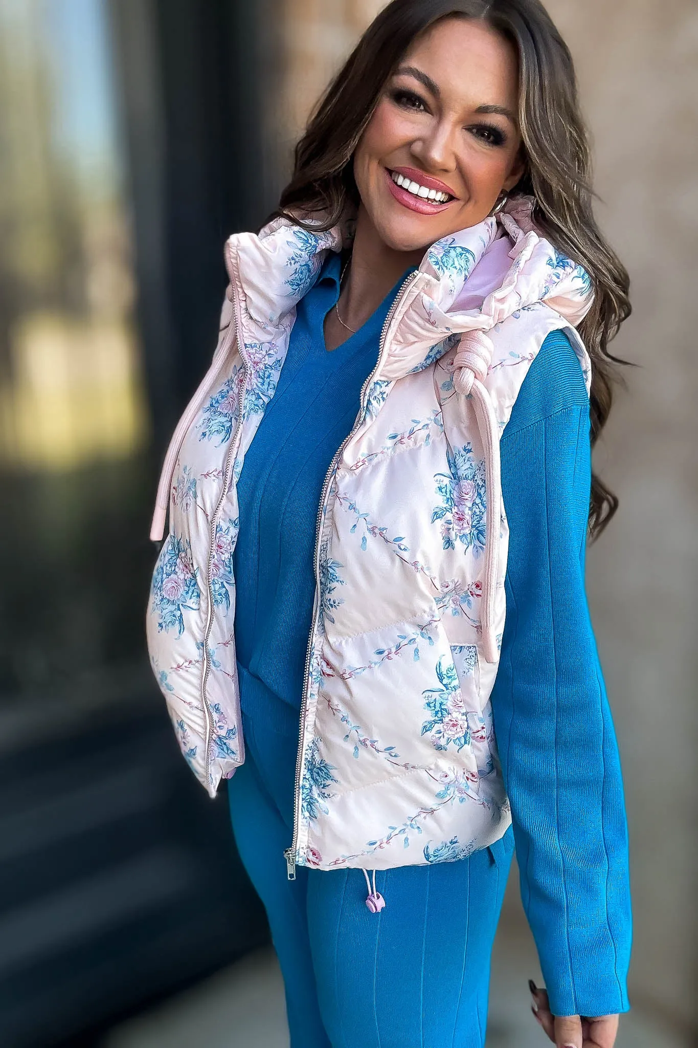 Floral Pink Pebbled Puffer Vest