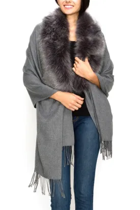 Foxy Faux Fur Fringe Shawl Wrap Gray