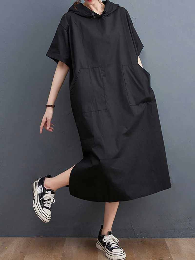 Hooded Plain Double Side Pocket Mid Dress