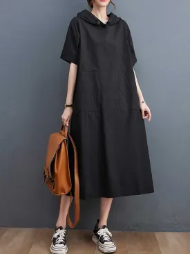 Hooded Plain Double Side Pocket Mid Dress