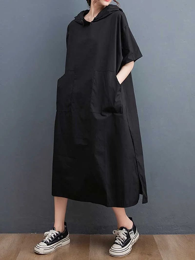 Hooded Plain Double Side Pocket Mid Dress