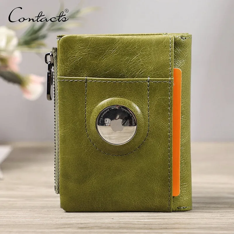 LADIES' Oil Leather Trifold Coin Purse-Wallet-with AIRTAG pocket-holds 6 Cards (air-tag not included)