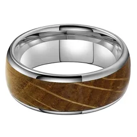 Whiskey Barrel Oak inlay & Silver Tungsten Dome Ring (8mm)