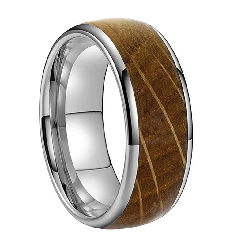 Whiskey Barrel Oak inlay & Silver Tungsten Dome Ring (8mm)