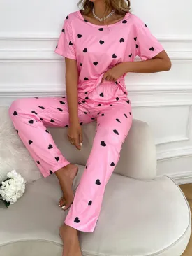 Women's Loose Fit Heart Print Loungewear Set